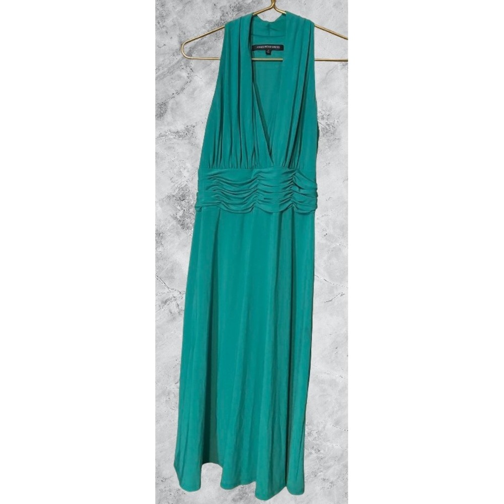 Jones Wear Dress Women's 12 Green Halter V-Neck Ruched Waist Sleeveless Midi - Picture 2 of 7